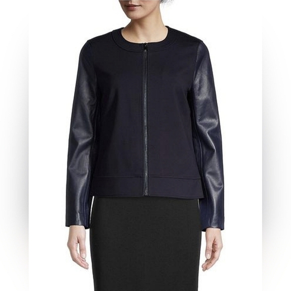 ST. John Blue Leather / Silk / Wool Blend Biker Jacket Size 2 - Picture 1 of 6